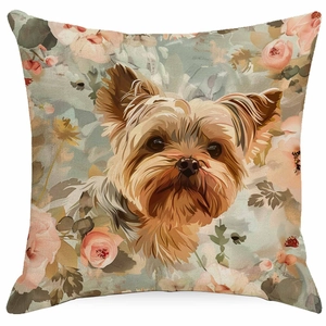 Detailed weave texture on square pillowcase featuring Yorkshire Terrier and floral art