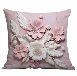 Detail view of 3D floral cushion cover with elegant pink marble texture and relief flowers