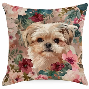 Detailed macro view of floral dog pillow cover featuring realistic shih tzu illustration
