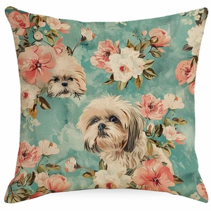 Artistic dog and floral print decorative pillowcase with elegant watercolor oil painting style