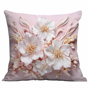 Detail of 3D embossed floral pillow cover with pink fabric and white gold petals