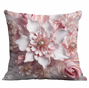 Close-up of 3D floral pattern decorative pillow cover with pearl accents and layered petals