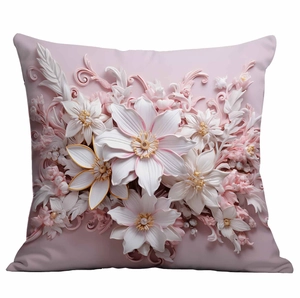 Macro detail of 3D embossed floral pillow cover in elegant pink and purple tones