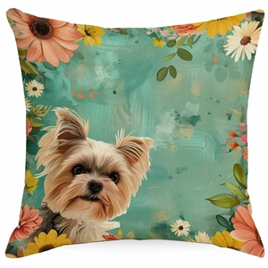 Close-up of floral dog pillow cover showing artistic Yorkshire Terrier and sunflower print