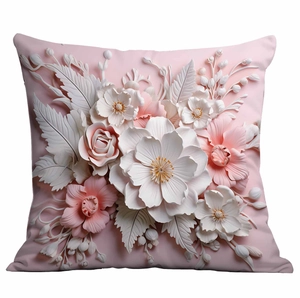 Detailed relief of 3D layered pink and white flowers on a soft decorative pillow case