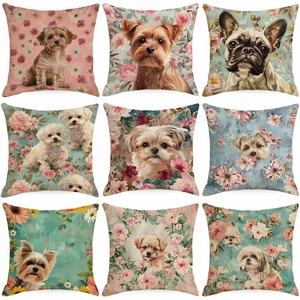 Artistic Dog And Floral Print Linen Pillowcase Square Decorative Cushion Cover For Sofa Living Room Home Decor No Insert