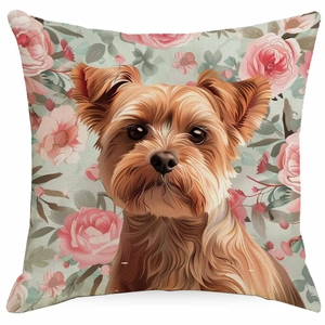 Floral Yorkshire Terrier pillow cover with pink roses for home sofa decoration