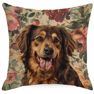 Floral dog pillow cover with realistic golden retriever face on linen texture fabric