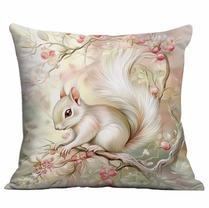 Close-up of square floral pillowcase showing detailed squirrel and pink blossom print