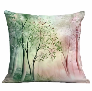 Detail of artistic watercolor forest landscape printed on a square decorative pillowcase