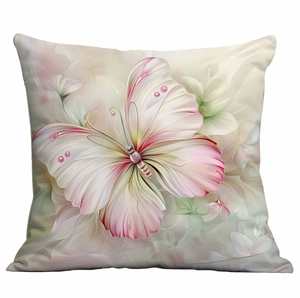 Close-up of floral throw pillow cover featuring delicate butterfly and flower patterns