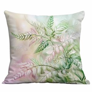 Detail of square cushion cover with delicate green fern leaf and soft purple floral prints