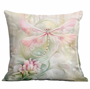 Floral pillowcase featuring a pink dragonfly and blooming flowers on white background
