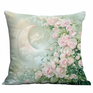 Dreamy floral throw pillow cover with crescent moon and pink roses on light green base