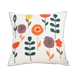 Modern white canvas pillow cover with colorful floral embroidery for sofa decoration