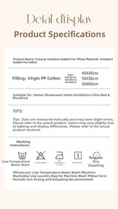 Size chart and washing guide for faux rabbit fur checkerboard cushion covers in various sizes