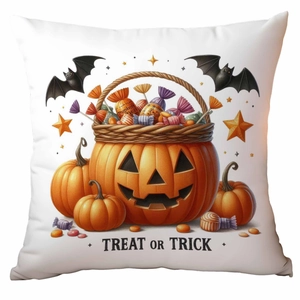 Halloween pumpkin cushion cover with Treat or Trick print on white background