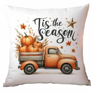 White Halloween pumpkin pillow cover with vintage orange truck and Tis the Season text