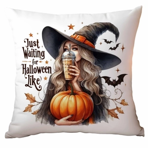 Detail of Halloween pillowcase with witch girl and pumpkin print on white fabric