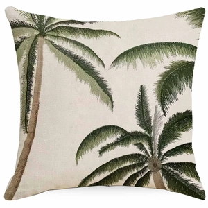 Tropical linen throw pillow cover with green palm tree embroidery on beige background