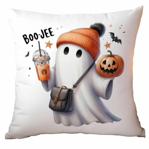 Detail of Halloween pillow case featuring a Boo-jee ghost with pumpkin and drink graphics