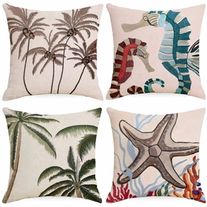 Summer Ocean Life Linen Throw Pillow Case Tropical Palm Tree Seahorse Starfish Decorative Cushion Cover For Sofa Living Room