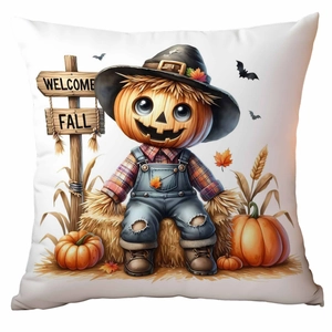 Detail of Halloween pumpkin scarecrow print on white pillow cover with Welcome Fall text