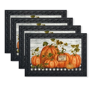 Set of four autumn placemats with orange pumpkins and Happy Fall Y'all rustic greeting