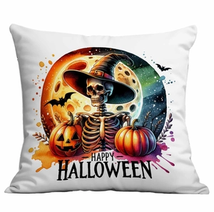 Square Halloween polyester pillowcase featuring a skull and pumpkins with Happy Halloween text