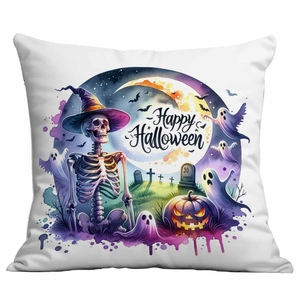 Polyester Halloween cushion cover featuring skeleton, pumpkin, and ghost illustrations