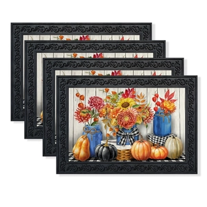 Set of 4 Thanksgiving placemats with pumpkins and sunflowers on white wood background