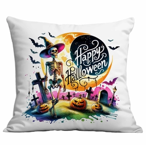 Close-up of Halloween pillowcase featuring wizard skeleton, bats and orange moon design