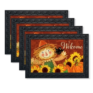Set of 4 autumn placemats featuring scarecrow, pumpkins and sunflowers with Welcome text
