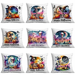 Halloween Throw Pillow Case Watercolor Skull Pumpkin Print Decorative Polyester Cushion Cover For Sofa Living Room Decor