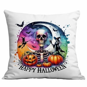 Halloween decorative polyester throw pillow cover with watercolor skull and moon illustration