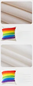 Detail of 45x45cm linen rainbow striped cushion cover with fabric texture and size specs