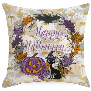 Detail of Halloween pillowcase with purple Jack-o'-lantern, black cat and wizard hat