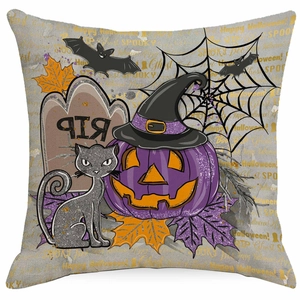 Halloween pumpkin pillowcase with purple pumpkin, black cat, and festive inscriptions