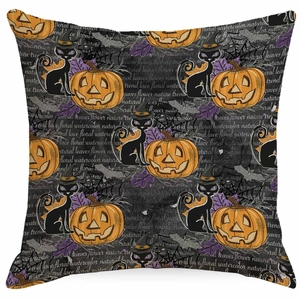 Detail of Halloween pillowcase with watercolor pumpkin, black cat, and spider web prints