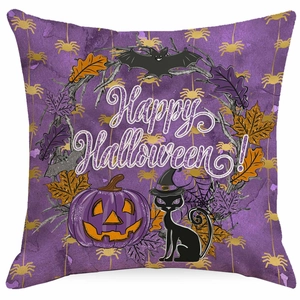 Detail of Happy Halloween pillowcase with purple pumpkin, black cat, and gold spider web