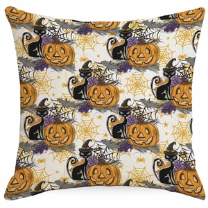 Halloween square pillow cover featuring black cat, pumpkins, bats and spider webs on white