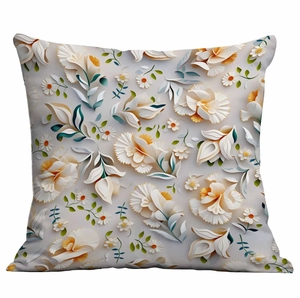 Detailed close-up of 3D floral printed throw pillow case with cream white petals and leaves