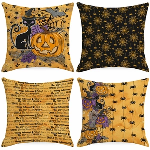 Halloween Pumpkin Black Cat Linen Pillow Case Decorative Square Cushion Cover For Sofa Living Room Halloween Party Decor