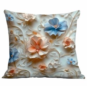 Detail of 3D embossed floral cushion cover with elegant orange and blue flower patterns