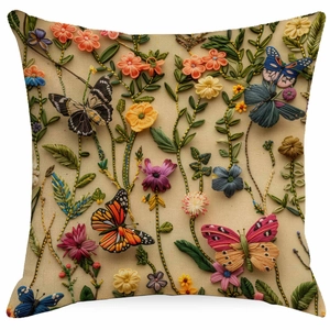 Floral butterfly 3D faux embroidery pillowcase with vivid wildflower pattern on canvas