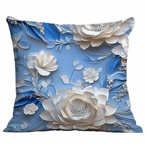 Detailed macro of 3D floral print on grey-blue throw pillow case with satin finish