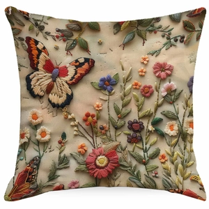 Detailed macro view of 3D faux embroidery floral and butterfly pattern on a pillowcase