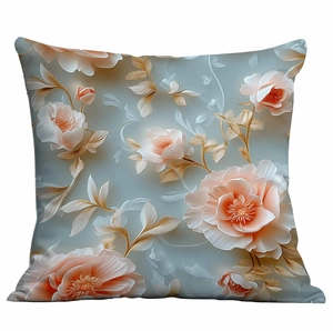 Detailed view of 3D floral print cushion cover with soft pink flowers and golden leaves