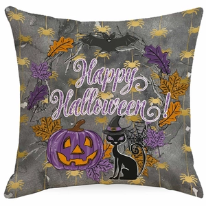 Halloween pumpkin pillowcase with black cat, bats, and Happy Halloween text decor
