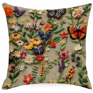 Detailed close-up of 3D floral embroidery and butterfly pattern on linen pillowcase